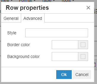 Advanced Row properties pop-up window