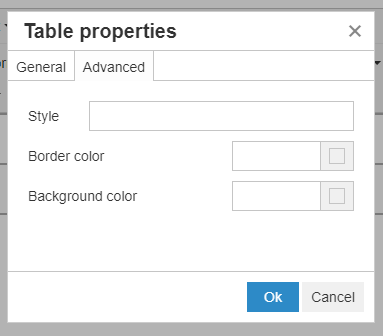 Advanced Table properties pop-up window