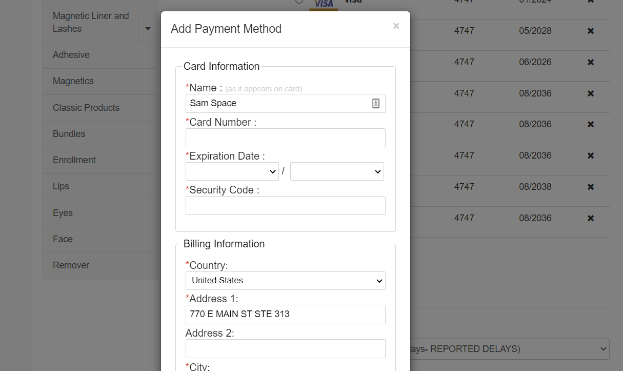 Nexio Add Payment Method pop-up example