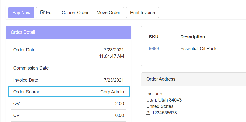 Order Detail section > Order Source label